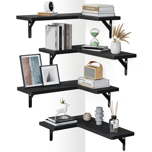 AMADA HOMEFURNISHING Corner Floating Shelves, Set of 4 Corner Wall Shelves, Shelves for Wall Decor, Corner Wood Shelves for Home Decor, Office, Bedroom, Bathroom, Laundry Room, Kitchen, Black