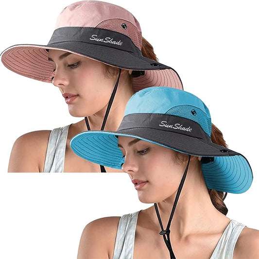 ZOORON Women's Ponytail Safari Sun Hat,Wide Brim UV Protection Outdoor Bucket Hat,Foldable Beach Summer Fishing Hat