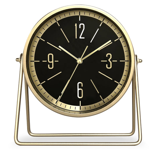 QIYAODECO Vintage Metal Desk Clock for Bedroom, with Adjustable Angle Ticking Small Battery Operated Mantel Bedside Clock, Decorative Table Old Fashioned Style Black Decor Adult Kid Gift,Gold Black