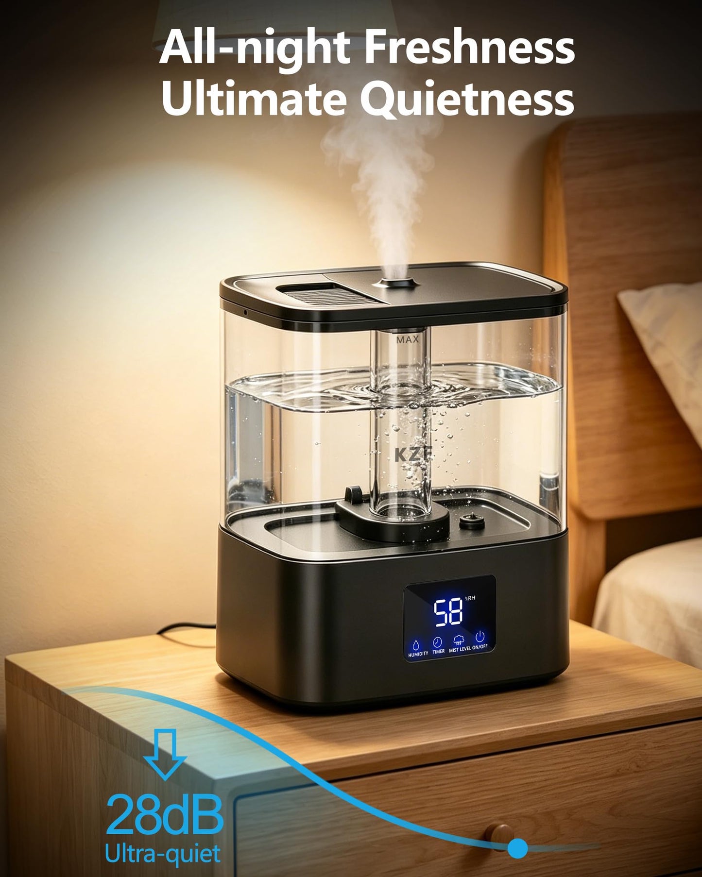 KZF 4L Top Fill Humidifiers for Bedroom & 40H Runtime - Cool Mist Humidifier, 3 Mist Levels, 8H Timer, Essential Oil Tray, Humidity Display, Quiet for Baby, Plants, Large Room (Black, 4L)