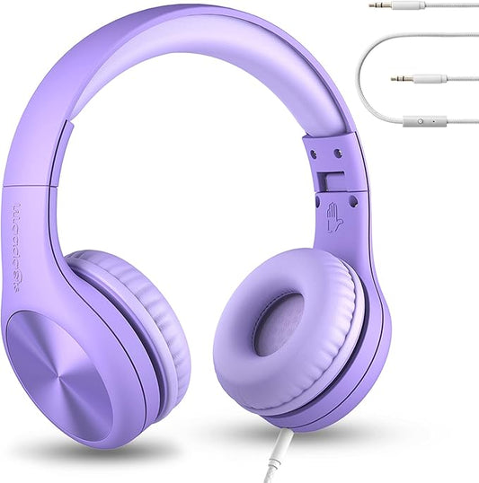 LilGadgets Connect+ Pro Wired Kids Headphones for School with Microphone, Volume Limiting Over-Ear Headset with Cord, SharePort Technology & SoftTouch Padding, Purple
