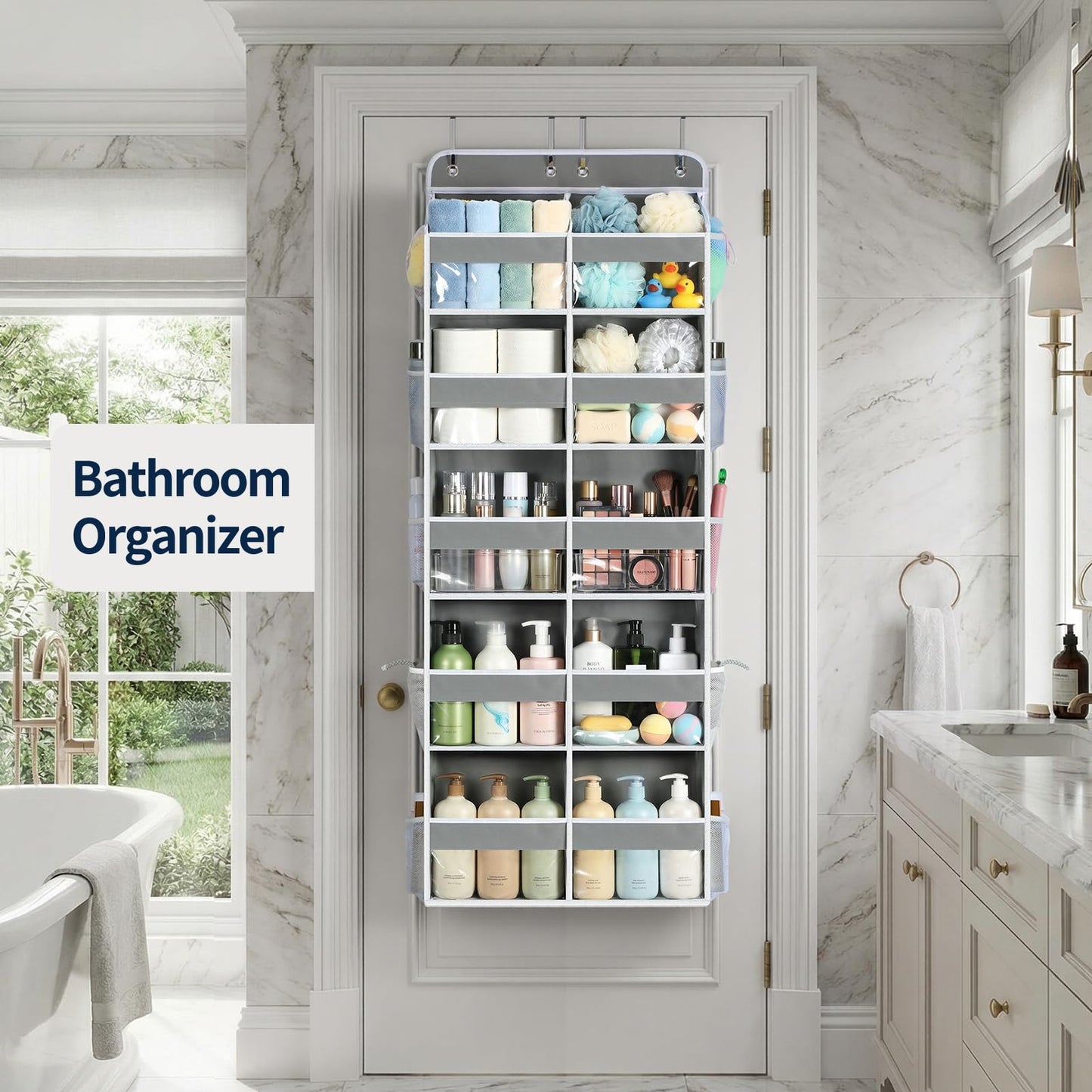 Yecaye Over The Door Organizer, 5 Tier Extra Large Behind Door Storage of 10 Compartments, 80lbs Heavy Duty Door Organizer Hanging with Clear Window for Closet Bedroom Pantry Bathroom, Grey