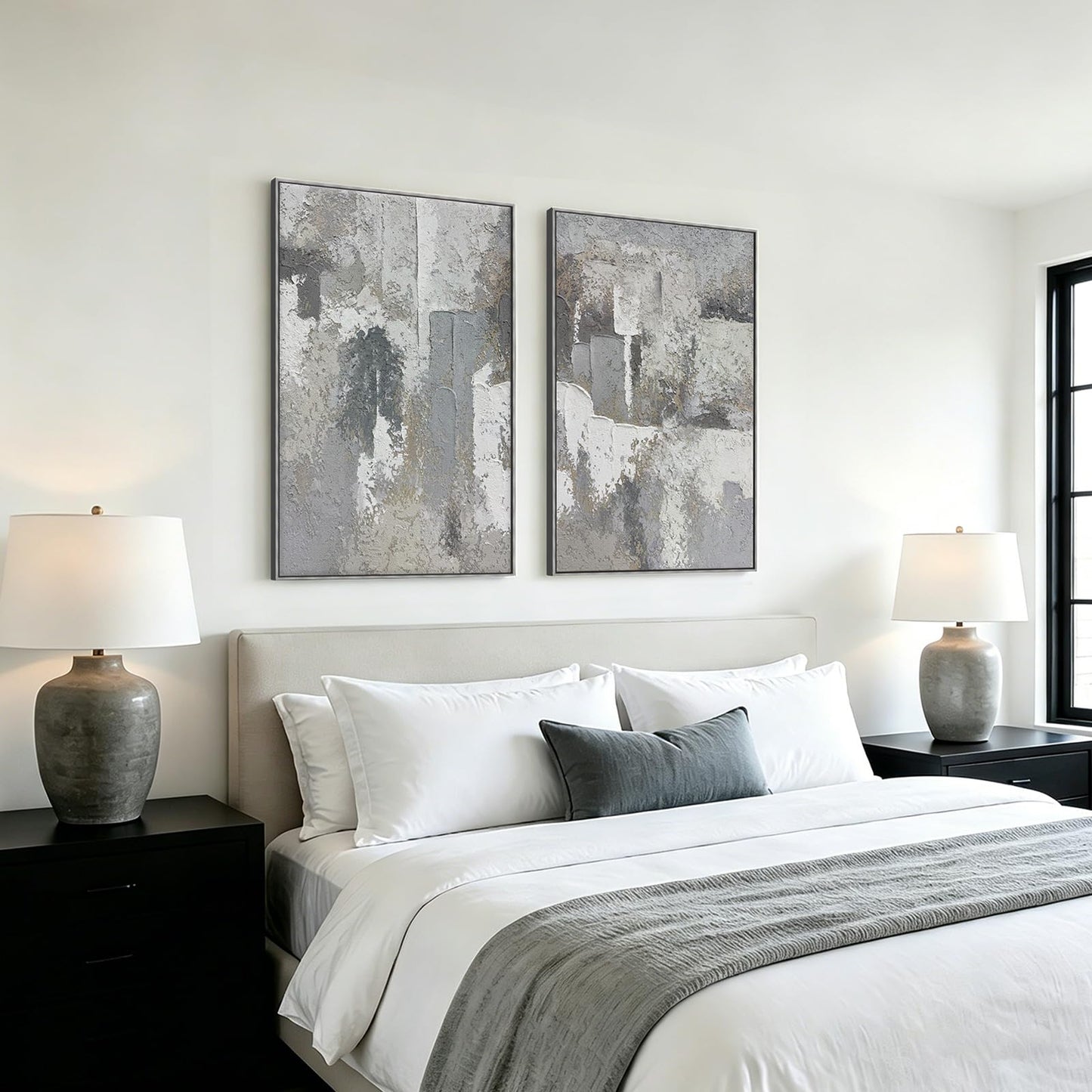 SAFERRYHOME Abstract 3D Textured Wall Art Hand Painted, Large Minimalist Texture Framed Canvas Wall Decor, Neutral Modern Gray White Painting Artwork for Home Office Living Room, 24"x36"x2