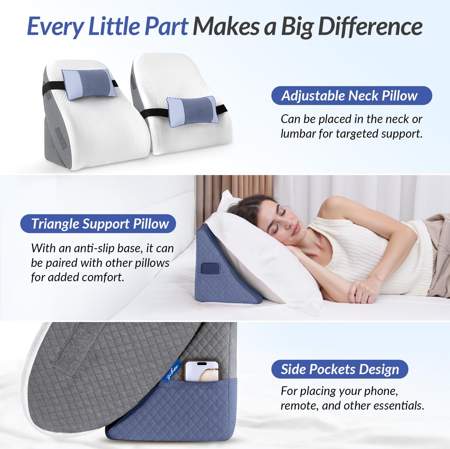 ZIKEE Adjustable Wedge Pillow Headboard Set for Sleeping & After Surgery, Ergonomic Reading Pillow for Sitting in Bed, Bed Wedge with Premium Memory Foam for Back Pain Relief & Support, Leg Elevation