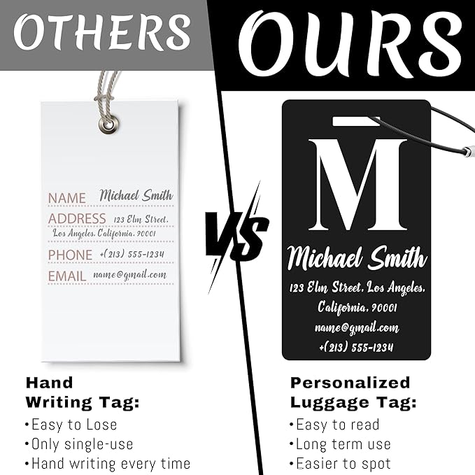 4 PCS Personalized Luggage Tags for Suitcase, Custom Engraved Aluminum Luggage Tags with Your Personalized Text Logo, Metal Name Tags with Steel Loop for Bag, Suitcase, Backpack (Black, Large)