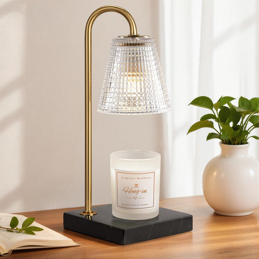 Hong-in Modern Gold Candle Warmer Lamp with Black Marble Base, Glass Shade Electric Candle Melter for Scented Candles, Stylish Home Kitchen Decor & Gift for Women