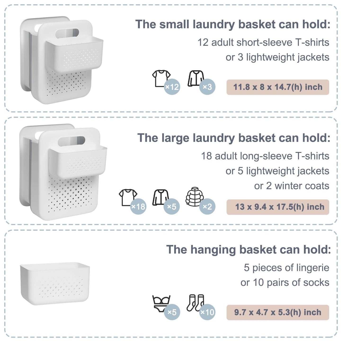 Goderewild Large Collapsible Laundry Basket with Detachable Hanging Organizer, Space-Saving Wall-Mounted Hamper for Home, Dorms, RVs, Main Basket Measures 13" x 9.5" x 17.5" In