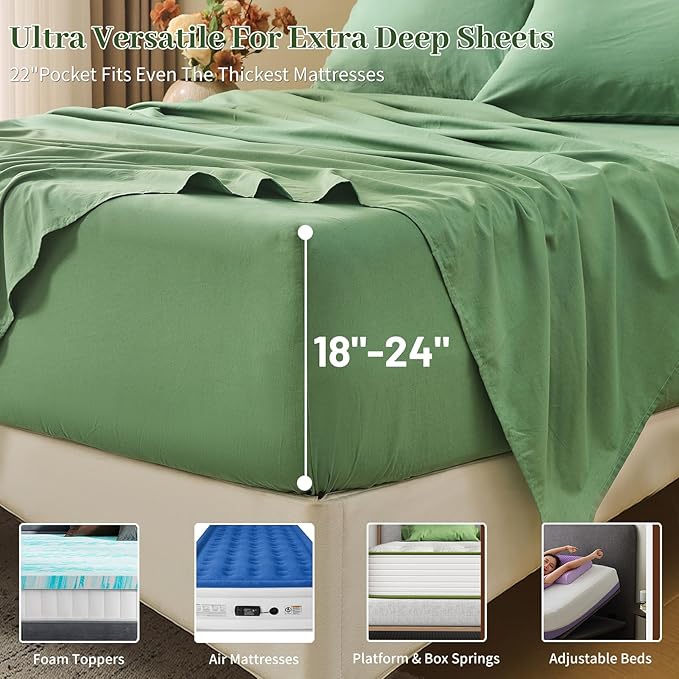 MEISHANG 100% French Pure Linen Sheets Cal King Size - 6 PC Extra Deep Pocket Sheet Set, Soft Durable Flax Linen, Anti-Tear Breathable & Oeko-Tex Certified 18-24 Deep Pocket,All Season(Sage Green)