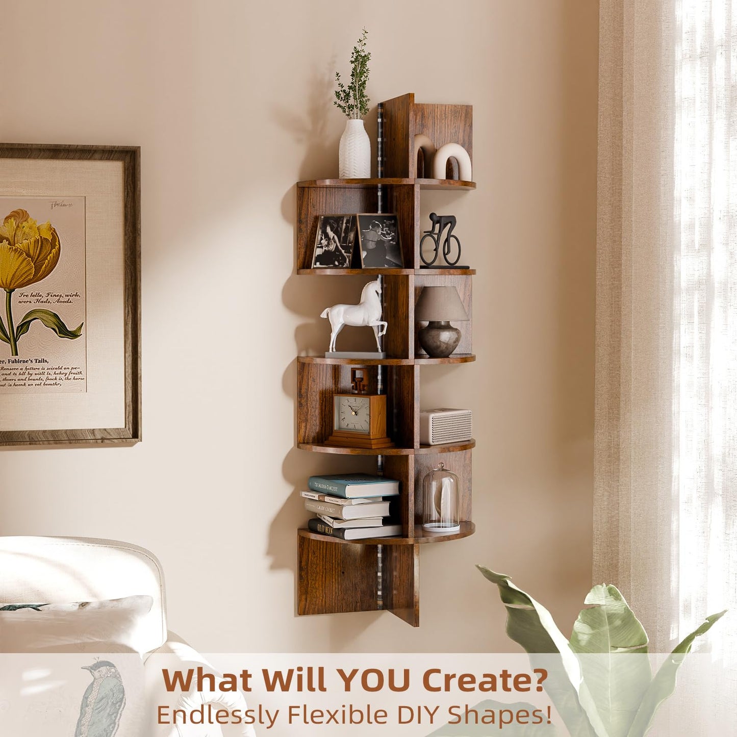 HAAYOT Corner Shelf Wall Mounted: 5-Tier Floating Shelves with Lights for Living Room, Bedroom, Home Office, Rustic Brown