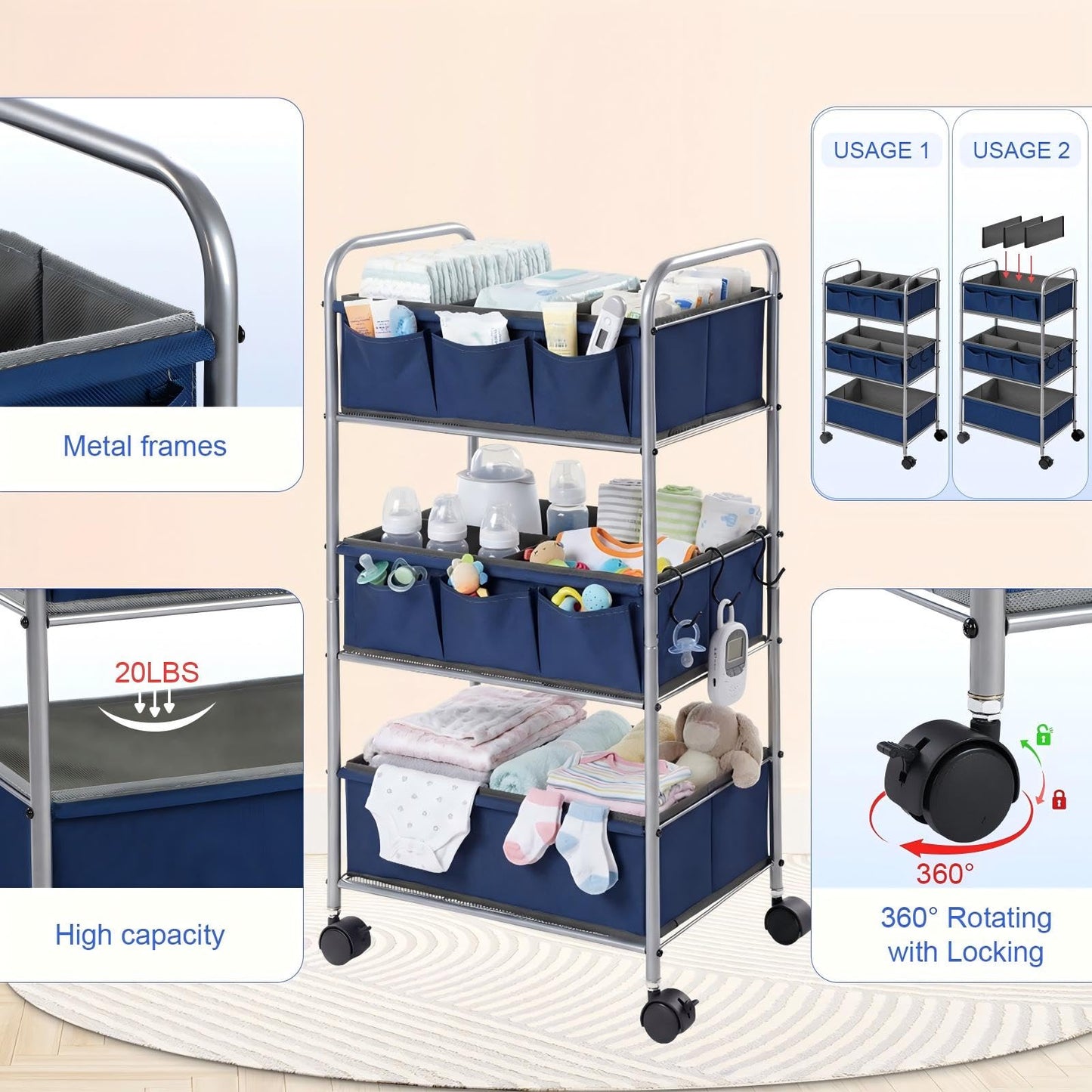 WILLBOND 3 Tier Blue Baby Diaper Caddy Organizer Cart with 4+3 Dividers Large Capacity Metal Utility Bedside Rolling Cart Newborn Registry Nursery Essential Must Have Crib Bedroom Baby Shower