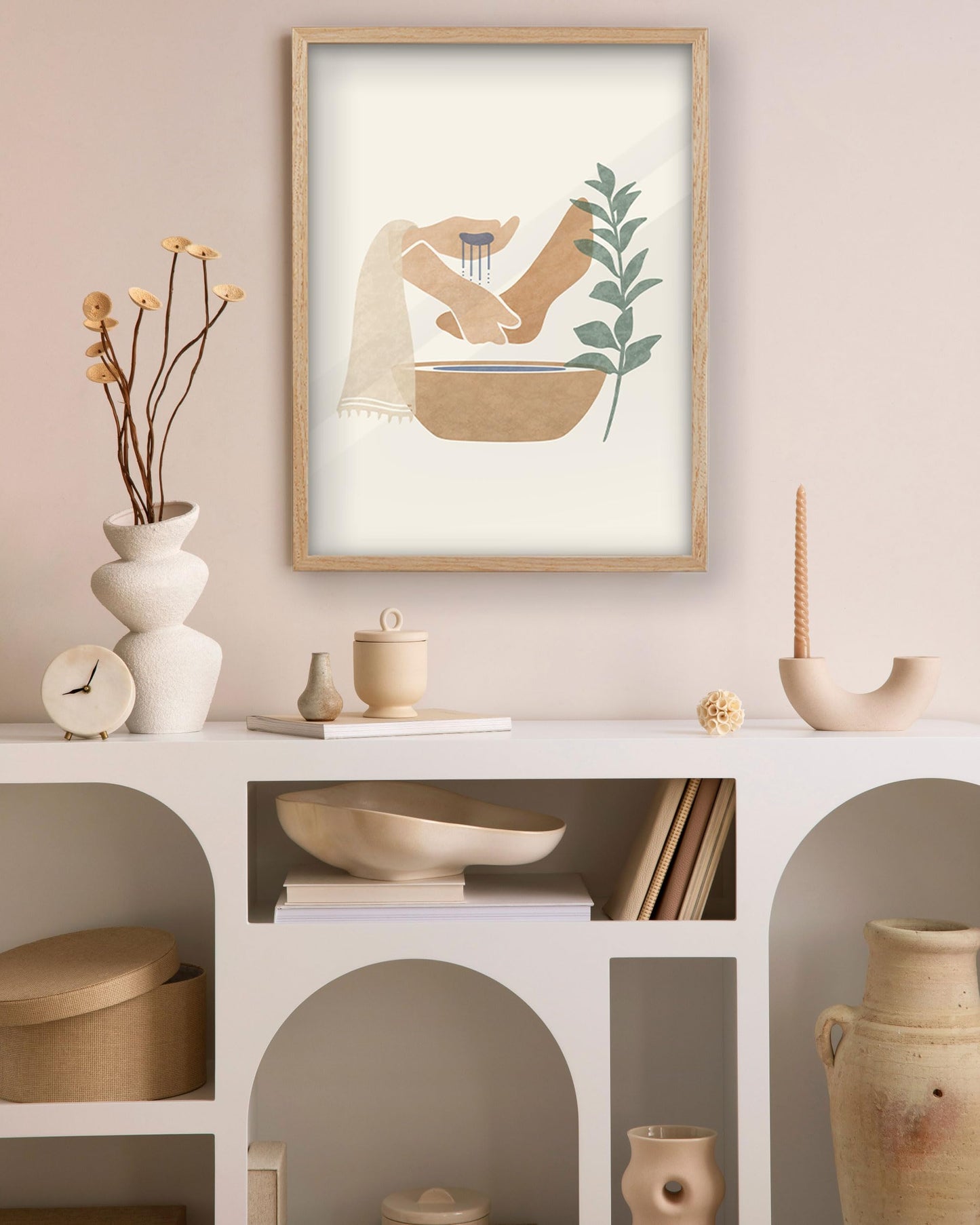 KensTro Natural OAK Wood Beige Boho Christian Framed Wall Art, 16x20 in Mid Century Modern Washing Feet Canvas Wall Art,Minimalist Religious Jesus Christ for Living Room Bedroom Decor Set of 1