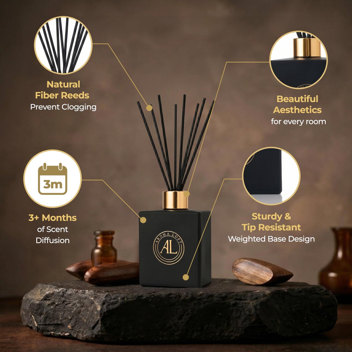 Aroma Loft Black Reed Diffusers for Home | Premium Fragrance Diffuser | Reed Diffuser Sticks in Oil Set with Cashmere Vanilla Scent | Smell Good Stuff | Long-Lasting Oil for Bathroom & Office (5 oz)