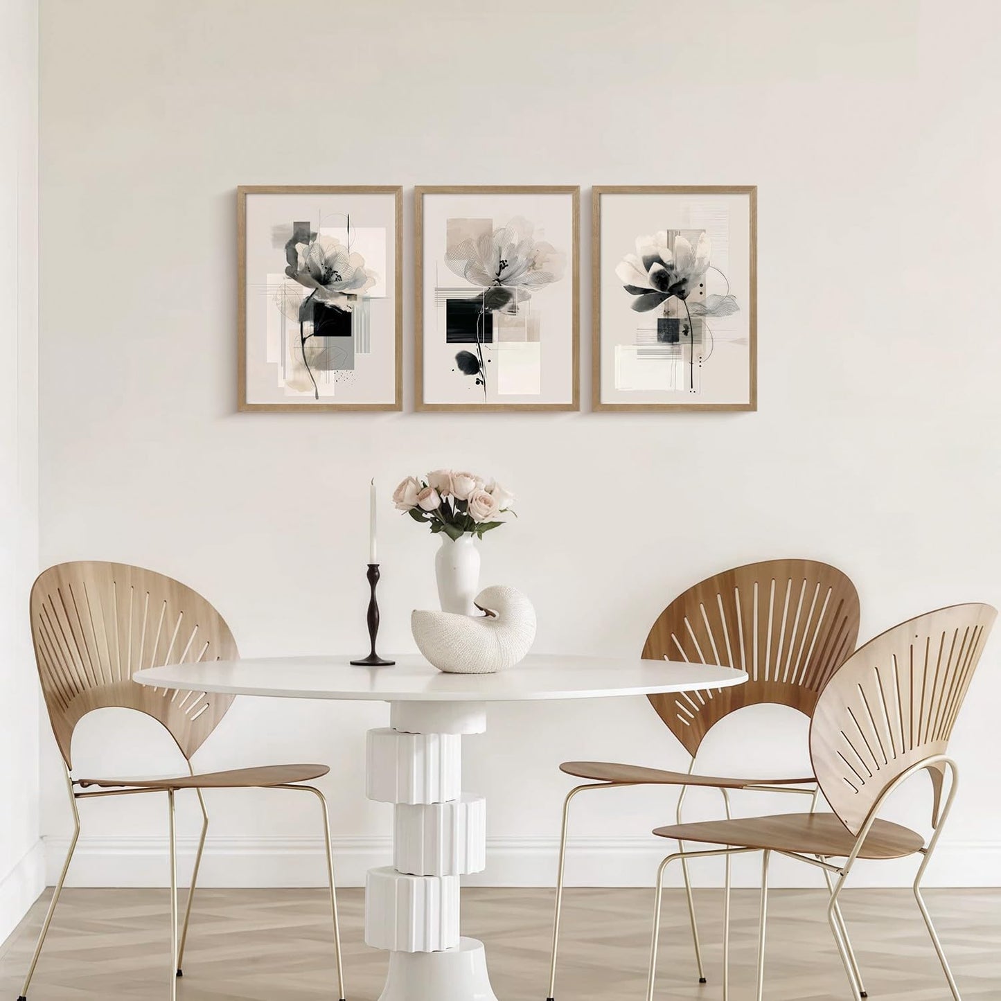 3Pcs Framed Black and White Flower Abstract Wall Art Modern Neutral Canvas Prints Posters Pictures Gallery Wall Decor Living Room Bedroom Office Apartment 12X16 Inch Ready to Hang