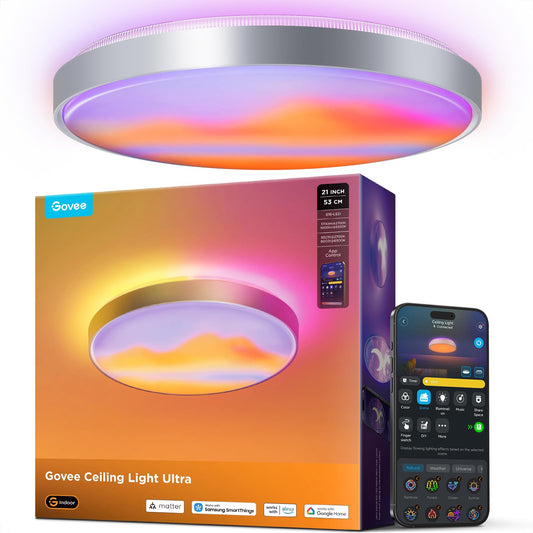 Govee Ceiling Light Ultra 21 Inch, 5000LM Smart Flush Mount Ceiling Light Fixture, Compatible with Matter & Alexa, RGBIC & Tunable White 2700K-6500K, DIY Ceiling Canvas for Living Room Bedroom