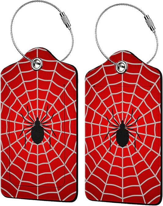 Spider Web 2-Pcs Premium Leather Tags with Privacy Covers,Luggage Tag Stainless Steel Loops Ideal for Suitcases, Travel Bags, Backpacks
