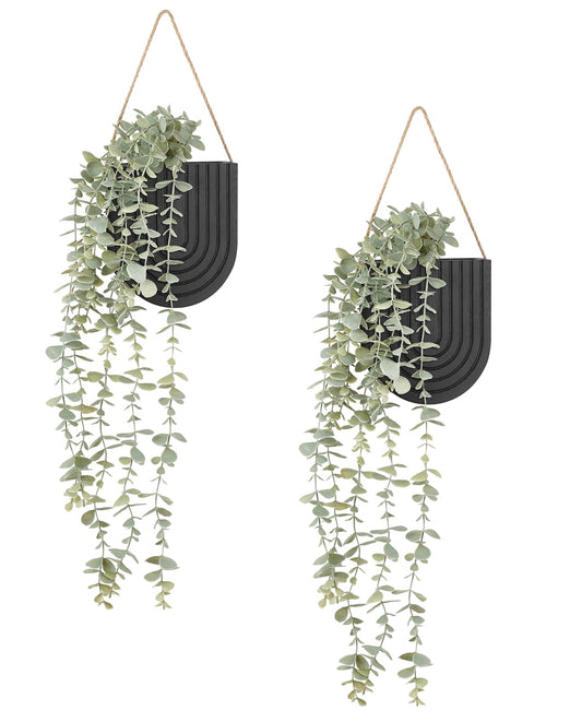Dahey 2 Pack Wood Wall Vase with Fake Eucalyptus Plants, Modern Farmhouse Boho Wall Hanging Decor Planter for Artificial Plants Living Room Bedroom Bathroom Kitchen Home Office Decoration, Black