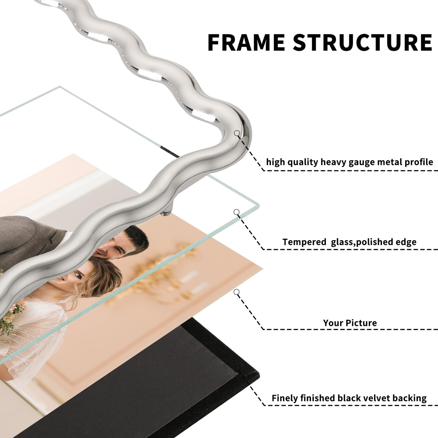 GorYeeFine 4x6'' Silver Heavy Duty Photo Frame,Wave Design High-End Zinc Alloy Picture Frames 6x4'',Fashionable Style frame with Velvet Back for Desktop and Wall Hanging.