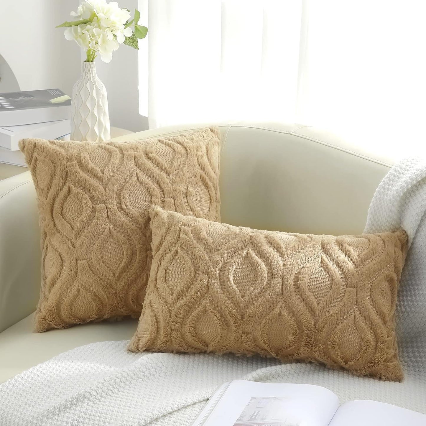 decorUhome Throw Pillow Covers 20x20 Inch Set of 2, Soft Plush Faux Wool Light Brown Khaki Solid Couch Pillow Covers, Accent Farmhouse Neutral Square Pillow Cases for Sofa Bed Living Room