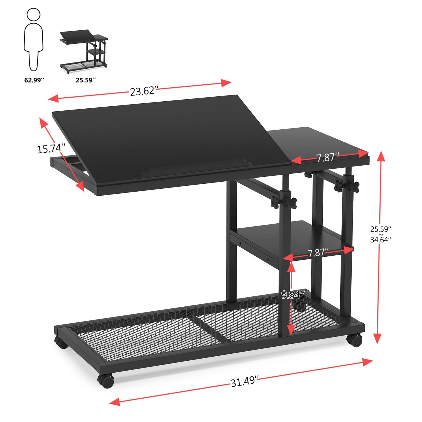 Tribesigns Height Adjustable C Table with Wheels, Mobile Couch Snack Side Table with Tiltable Drawing Board, Sofa Bedside Laptop Stand C Shaped TV Tray with Storage Shelves (Black)