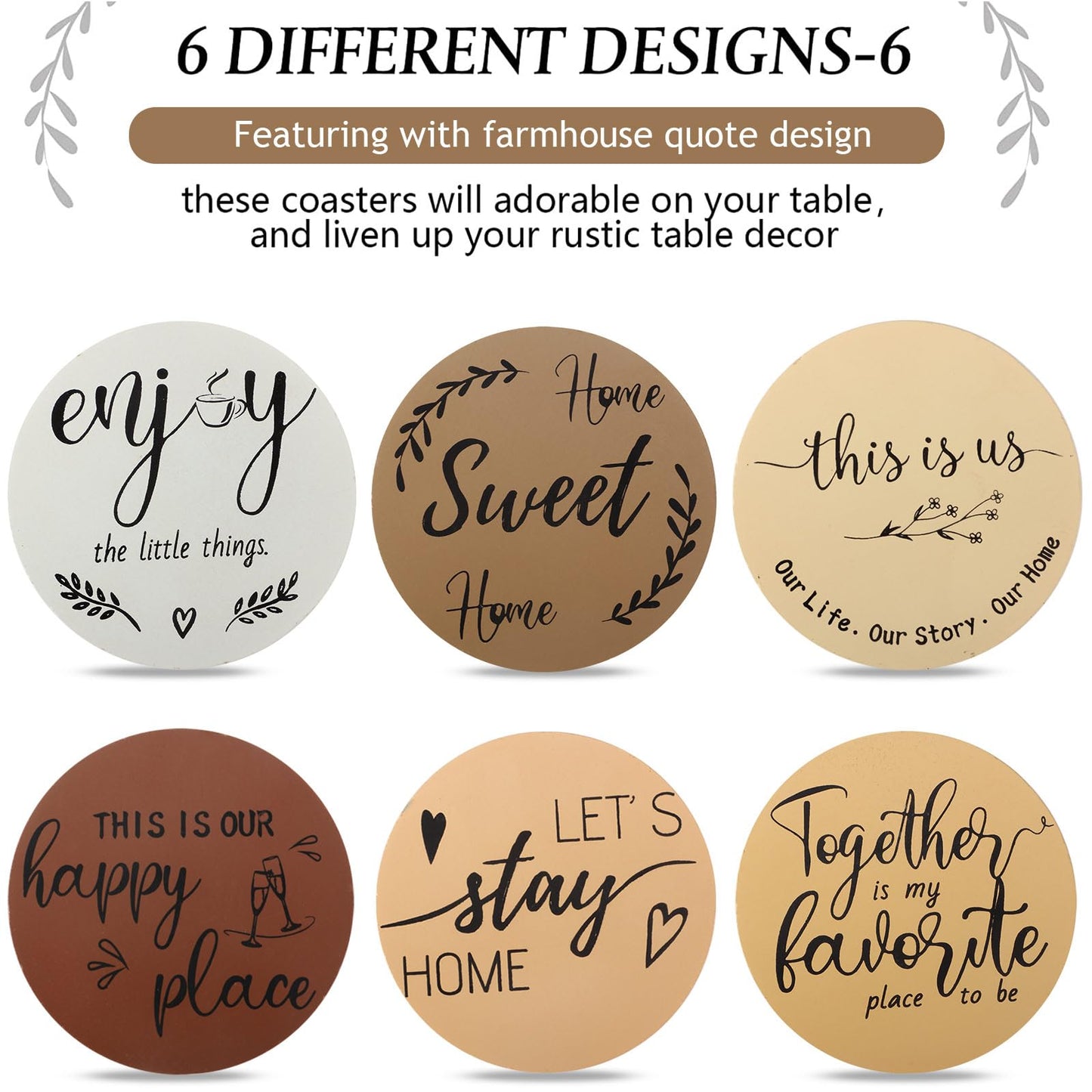 Queekay Coasters Set of 6 House Warming Gifts New Home Wooden Farmhouse Drink Coasters with Holder 4'' Funny Decoration for Kitchen Family Coffee Bar Tabletop Protection(Brown)