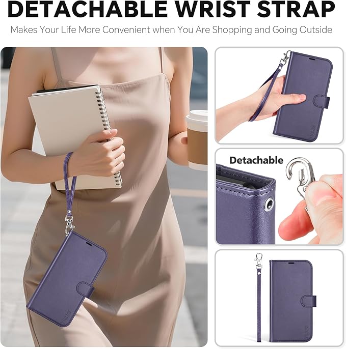 TUCCH 2-in-1 Removable Wallet Case for iPhone 17 Pro Max (6.9") 2025, Wireless Charging | RFID Blocking 4 Card Holders | Wrist Strap | Kickstand | Magnetic | PU Leather Protective Cover | Deep Purple
