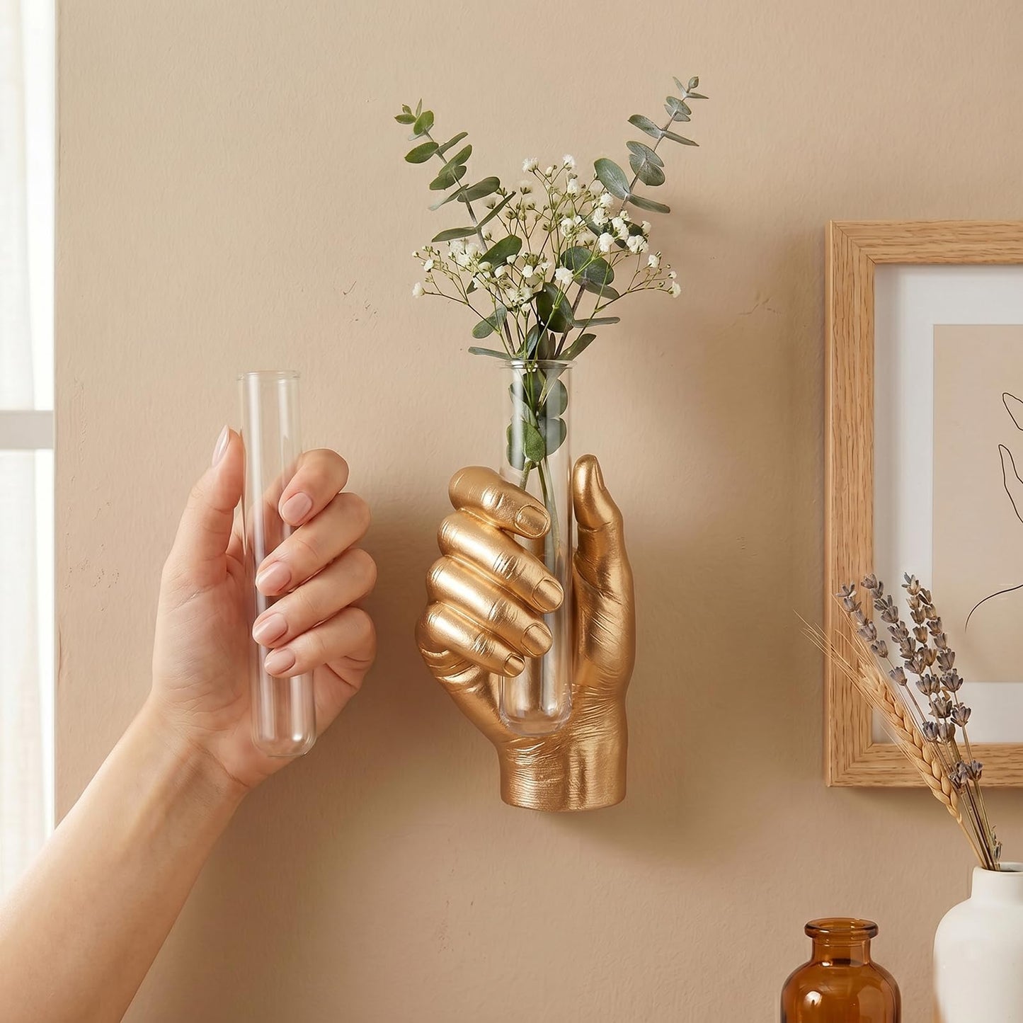 Gold Wall Art Decor Hand Vase, Unique 3D Wall Sculptures Mount Vases for Flowers, Contemporary Gallery Art Whimsical Home Indoor Outdoor Decor Accent, Dimensional Hand Sculpture, Glass Test Tube