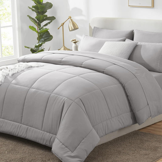 CozyLux Queen Comforter Set French Grey, 7 Pieces Bed in a Bag, Gray Comforters Queen Size, All Season Bedding Sets with Stitch Quilted Comforter, Flat Sheet, Fitted Sheet, Pillowcases
