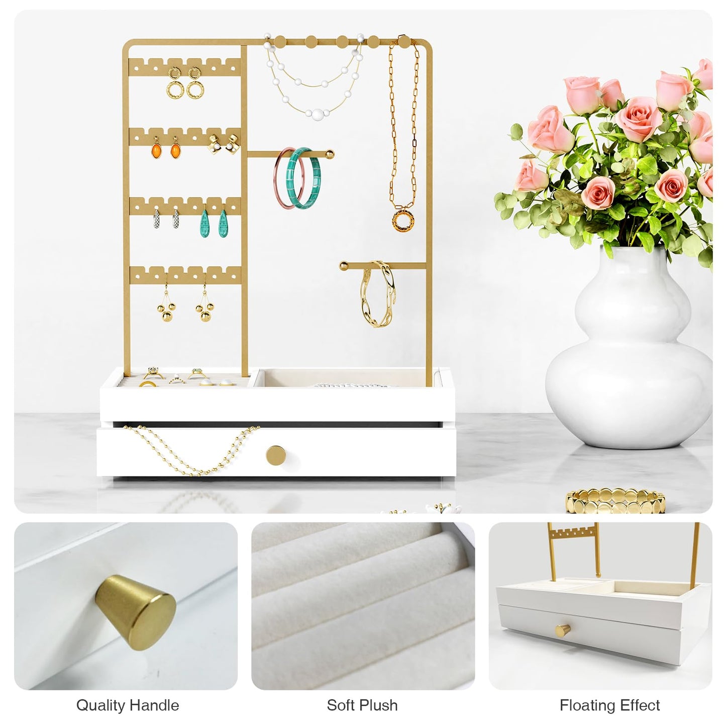 Goozii Gold Jewelry Stand Organizer Necklace Holder, Birthday Gifts for Women Girls, Small Jewelry Stand for Earrings Rings Bracelets, Velvet Jewelry Hanger Tree, Mothers Day Gifts - White and Gold