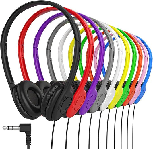 Maeline Bulk Classroom Student Headphones On Ear Stereo Headphones Adjustable Band & Faux Leather Cushions for Kids Online Learning, Library, School, Travel - 3.5mm Plug - 50 Pack - Multi Colors