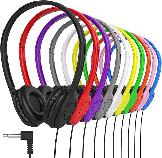 Maeline Bulk Classroom Student Headphones On Ear Stereo Headphones Adjustable Band & Faux Leather Cushions for Kids Online Learning, Library, School, Travel - 3.5mm Plug - 500 Pack - Multi Colors
