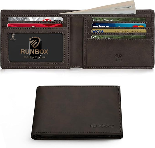 RUNBOX Wallet for Men Slim Leather Bifold RFID Blocking Minimalist Front Pocket Design with Gift Box