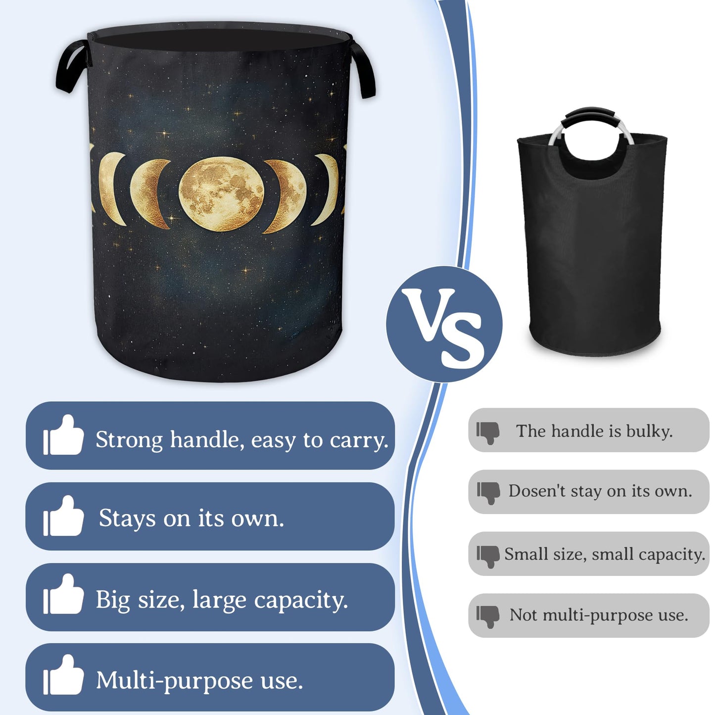 Lunar Phases Laundry Basket,Foldable Oxford Cloth Moon Laundry Hamper with Handles, 20.8"x16" Tote Bag Clothes Storage Bucket for Laundry Room/Bathroom/Bedroom/Dormitories