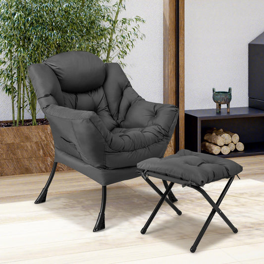 GOFLAME Lazy Chair with Ottoman, Modern Large Accent Chair with Folding Footrest, Head Pillow, Armrests and Side Storage Pocket, Upholstered Reading Chair for Living Room, Bedroom, Office, Grey