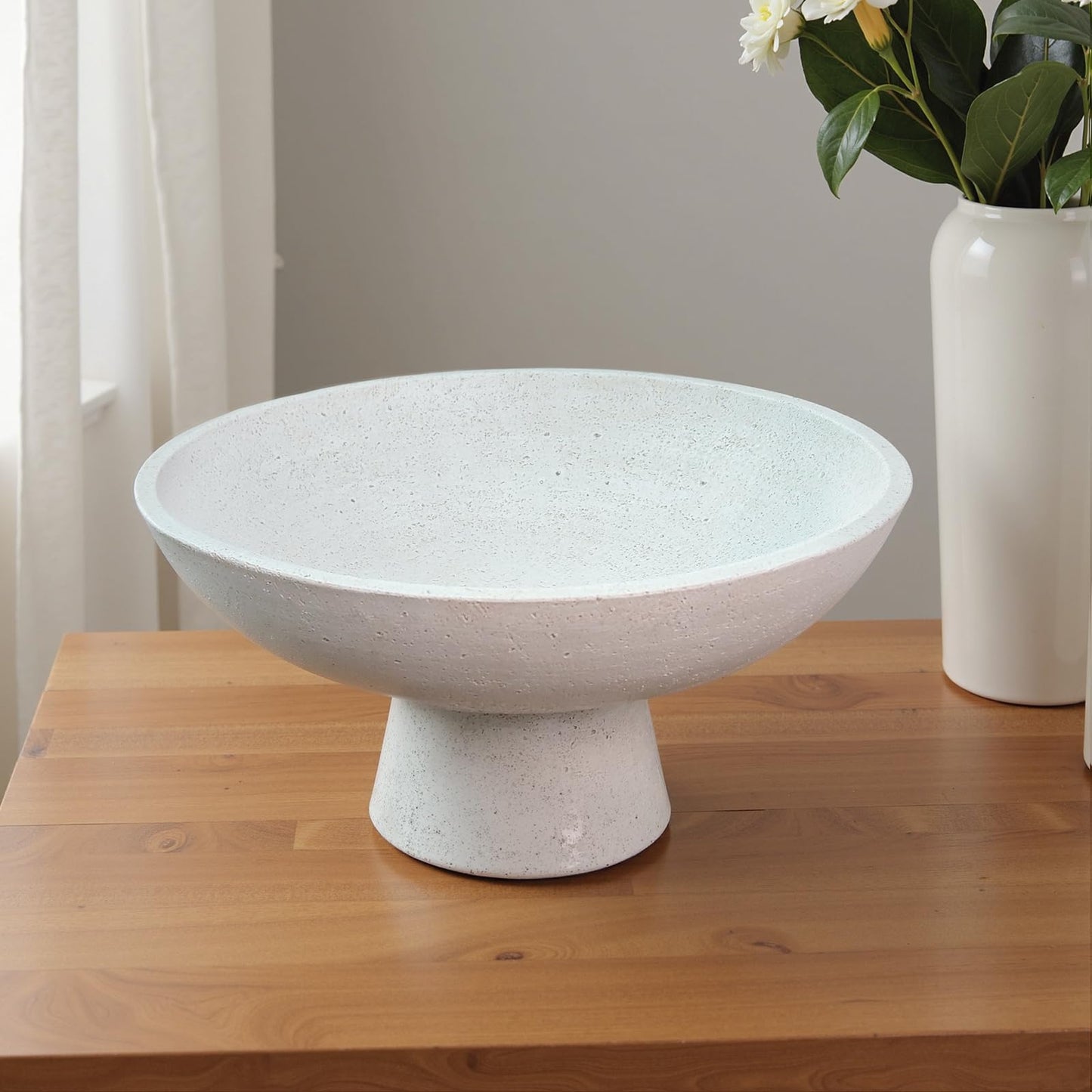 LFLKPY Large Decorative Fruit Bowl - Modern Handcrafted Resin Pedestal Bowl for Kitchen Counter, Entryway Key Holder & Table Centerpiece, Off-White Travertine Stone Bowl