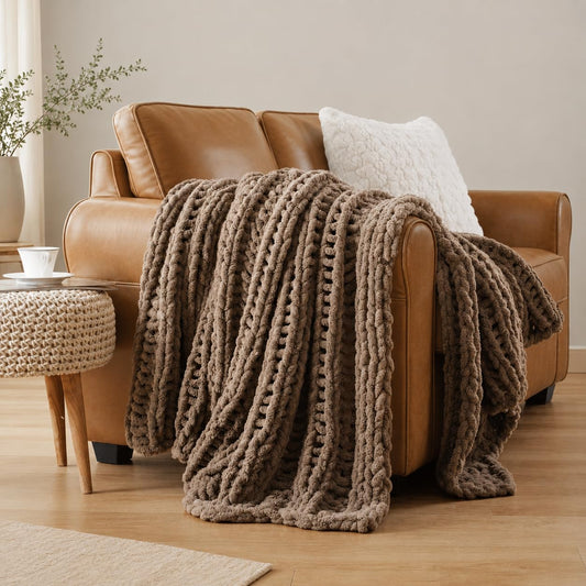 Battilo Chunky Knit Throw Blanket for Couch, Hand Made Chenille Throw Blanket, Super Soft Warm Cozy Taupe Blanket for Bed, Sofa, Living Room, 50"x60"