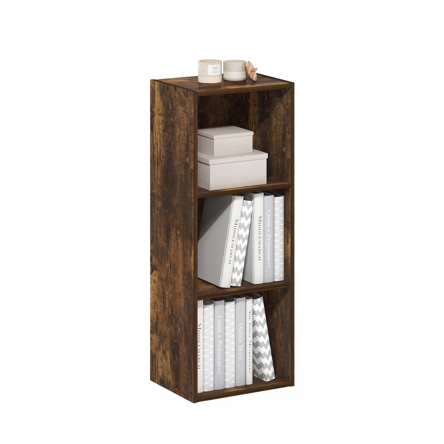 Furinno LUDER Book Shelf, 3-Cube Bookshelf, Bookcase with Open Shelves, 9.3 x 12 x 31.5, Easy Assembly, for Living Room, Bedroom, Home Office, Amber Pine