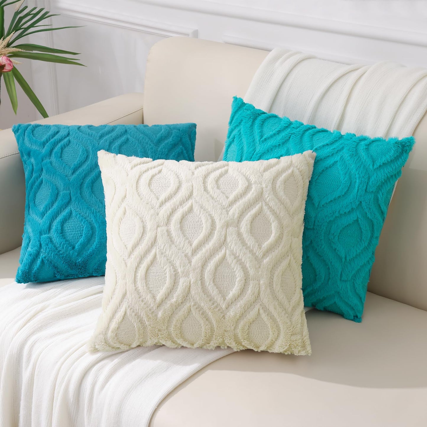 decorUhome Throw Pillow Covers 12x20 Inch Set of 2, Soft Plush Faux Wool Teal Solid Couch Pillow Covers, Accent Farmhouse Neutral Rectangle Pillow Cases for Sofa Bed Living Room