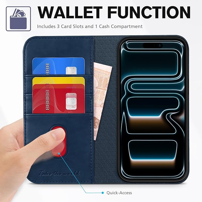 TUCCH Case Wallet for iPhone 17 Pro (6.3-Inch) 2025, 3 Card Slots | Kickstand | RFID Blocking | PU Leather | Protective Flip Folio Cover | TPU Shockproof Interior Shell | Deep Blue