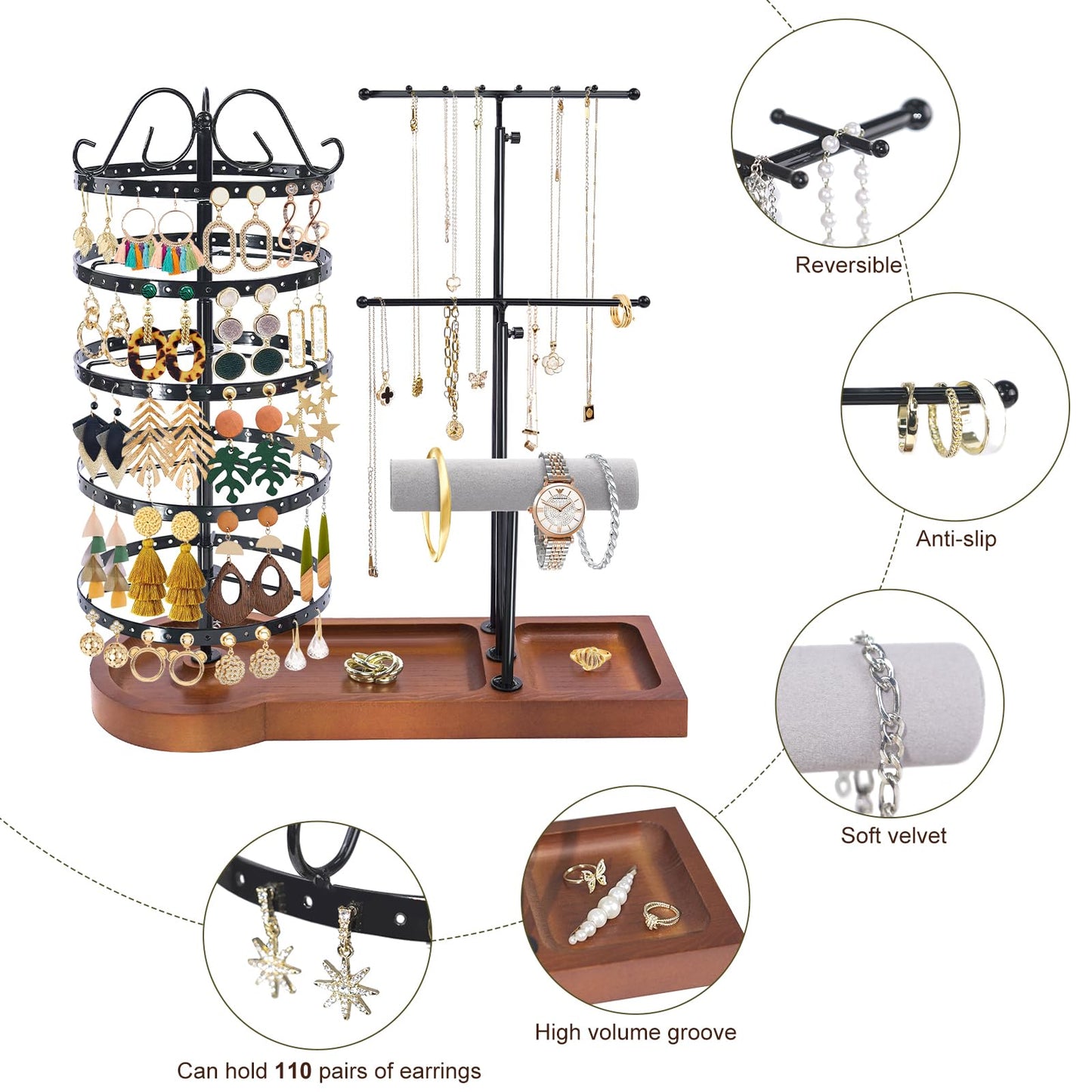 SMFANLIN Jewelry Organizer Stand, Metal Rotating Earring Holder Organizer, Multi-Functional Adjustable Necklace Rack Holder Bracelet Watch Holder for Jewelry Earrings Ring, Black