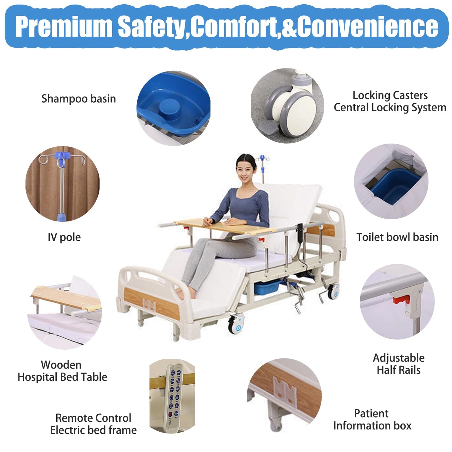 Full Electric Hospital Bed for Home Use, 10 Function Adjustable Medical Bed with Auto Turning, Patient Care Bed for Elderly, Hospital Beds with Mattress, Dining Tray, IV Pole, Steel Rails, 550 LBS
