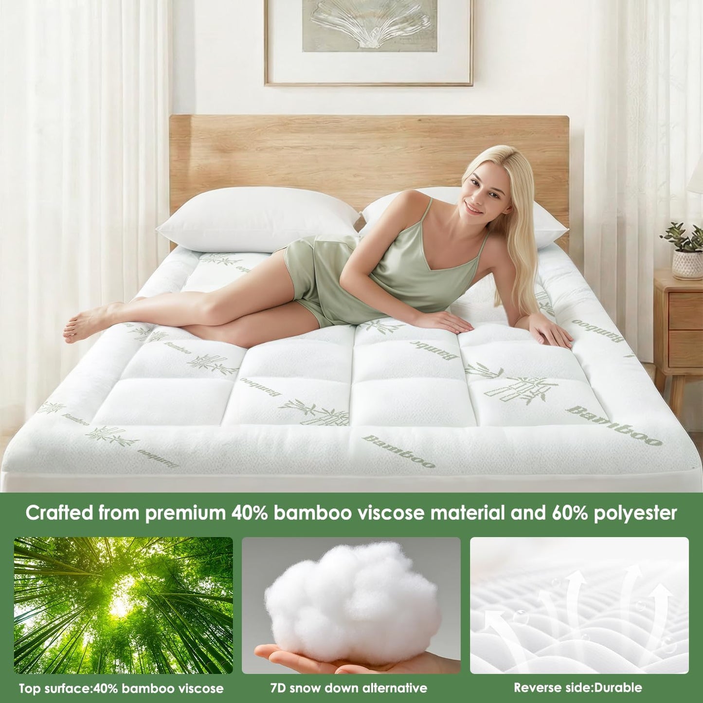 Full Mattress Topper Viscose Derived from Bamboo, Cooling Thick Pillow Top Mattress Pad with Deep Pocket for 8"-21" Mattress, Soft Breathable Mattress Topper for Back Pain Relief, Green