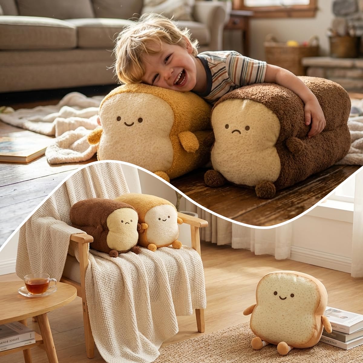 DENTRUN Toast Plush Pillow, Stuffed Bread Shape, Soft Food Plushie for Kids & Adults, 15"