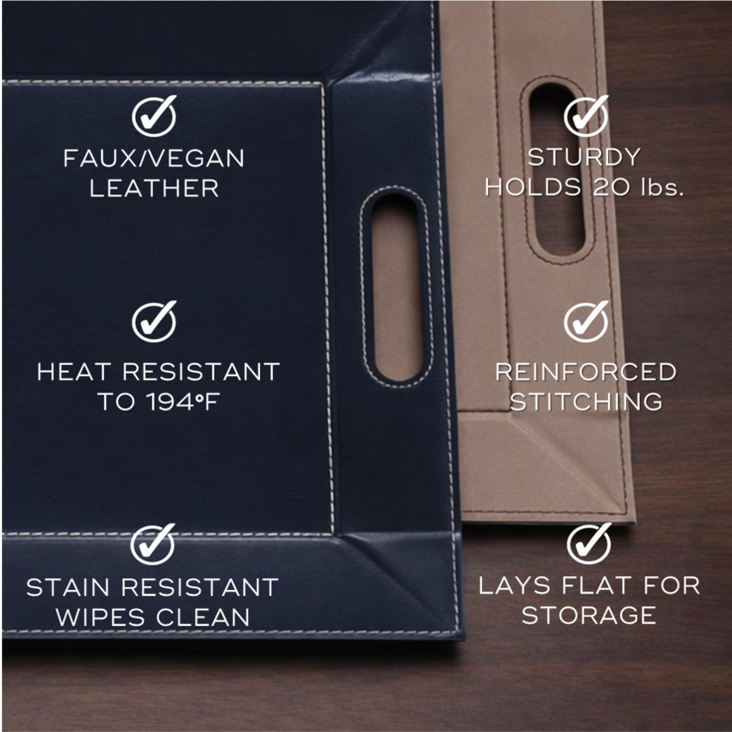 FREEFORM PLACEsMAT 2-in-1 Faux Leather Placemat & Serving Tray | Reversible Design, Lays Flat & Easy to Clean | Ottoman Food Tray, Perfect Housewarming Gift, 18” x 14” (Blue & Taupe, Set of 4)