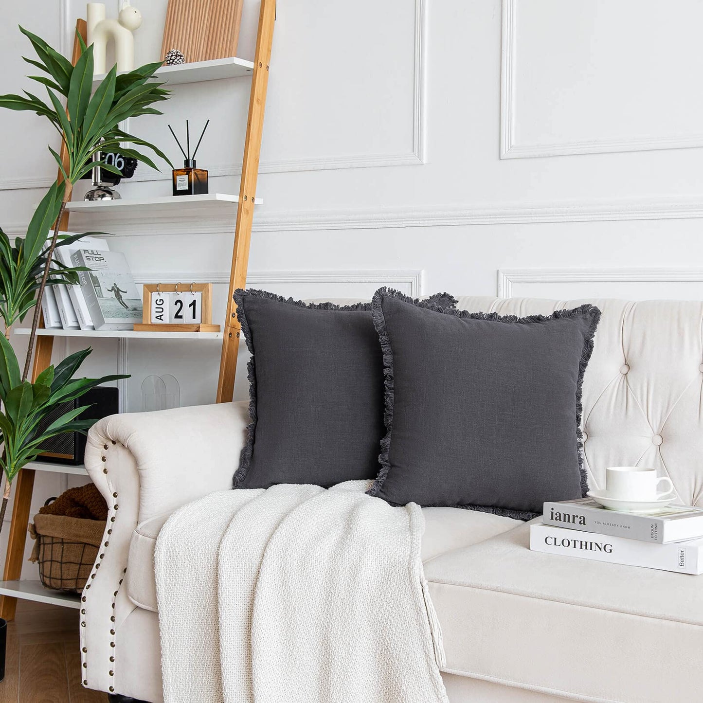 AmHoo Pack of 2 Linen Pillow Covers with Tassels Fringed Decorative Rustic Natural Throw Pillowcase Cushion for Couch Sofa Bedroom 18 x 18-Inch Dark Grey