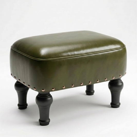 Cmishe Ottoman Leather Footrest, Vintage Footstool with Hidden Storage, Thickened Foam Upholstered Seat, Solid Beechwood Legs, Under Desk Shoe Bench Small Bench for Living Room Dining Room (Green)