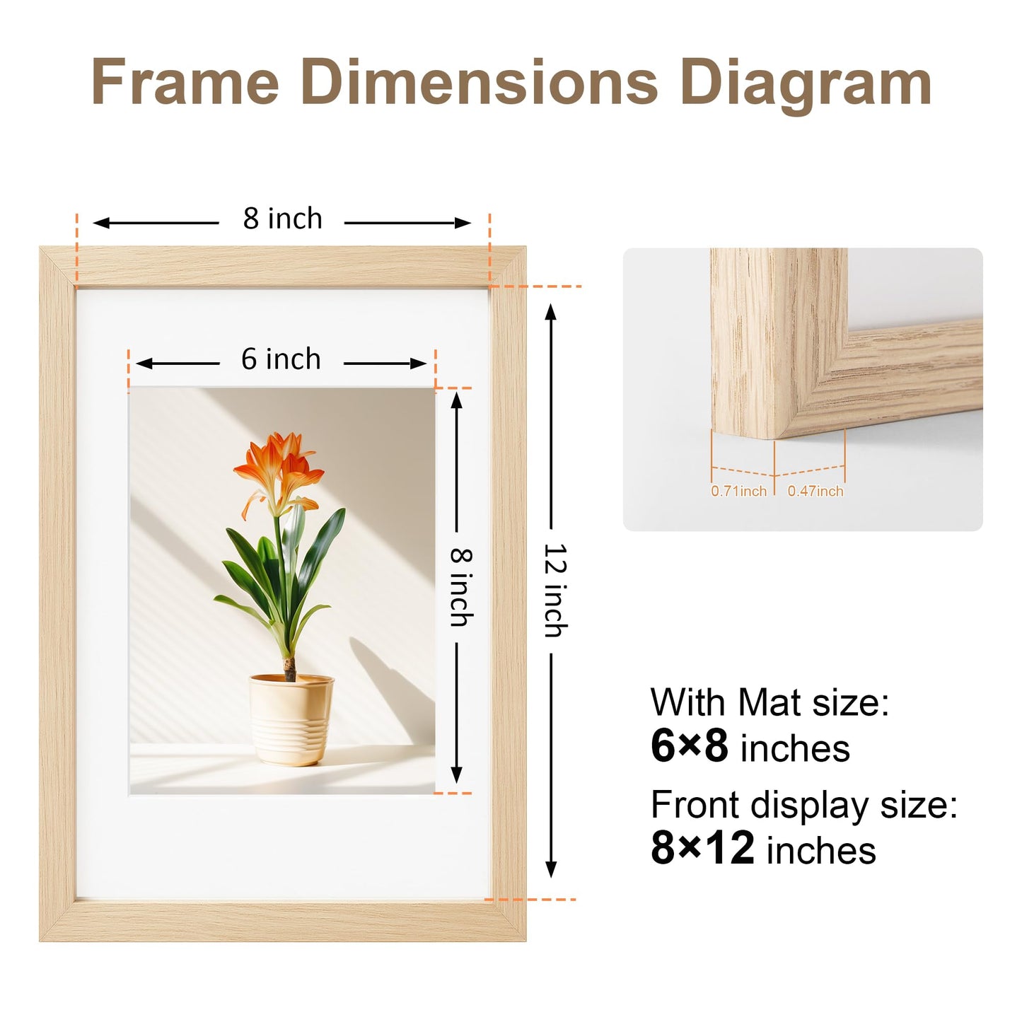 TONES FRAME DESIGN 8x12 Picture Frame Set of 2 Natural Solid Wood Veneer Finish 8x12 frame Matted to 6x8 Photo Frames with Shatterproof Plexiglass Wooden 8 by 12 Poster Frame for Gallery Home Decor, 2 Pack