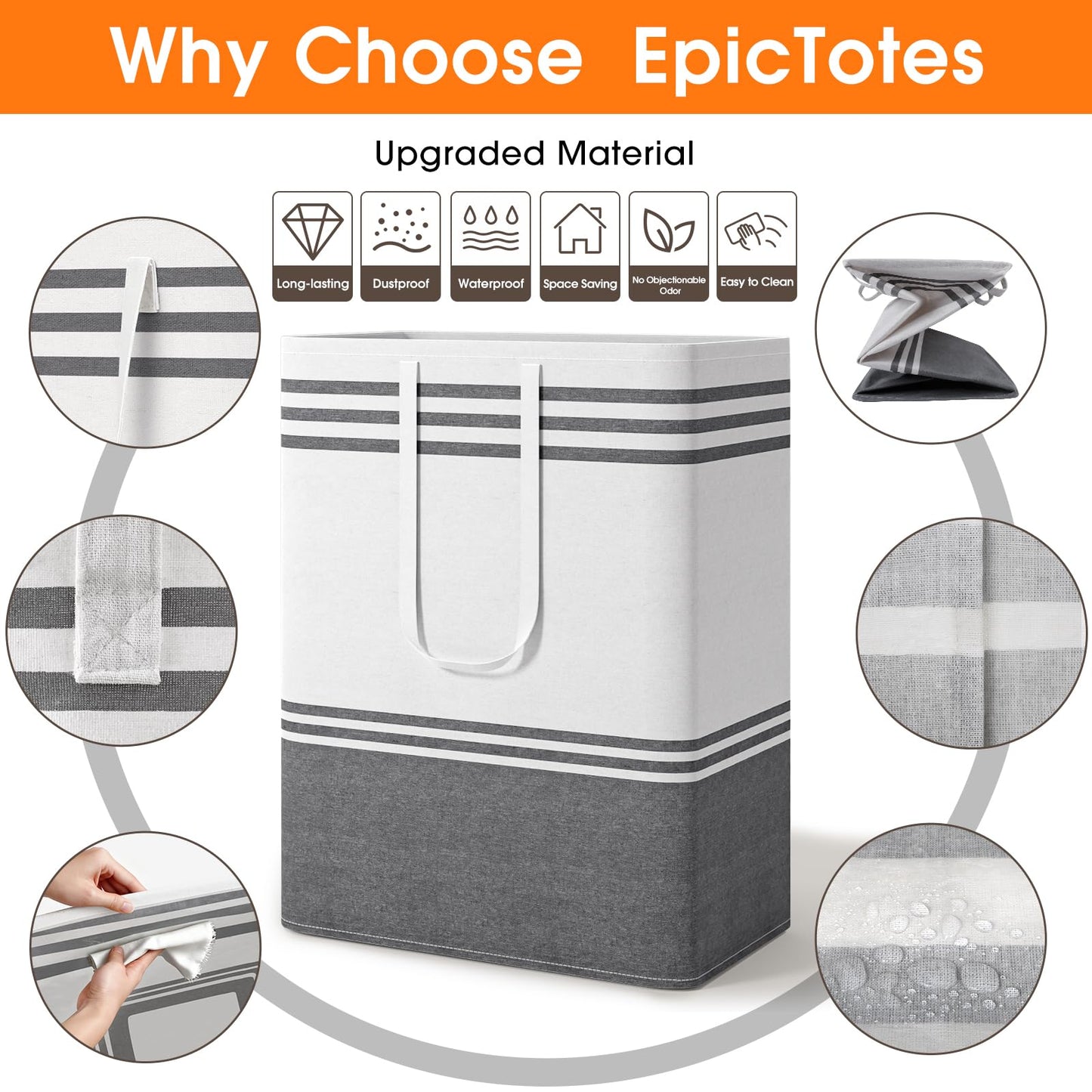 EpicTotes 2 Pack Large Home Laundry Basket, Laundry Hamper, Freestanding Waterproof Dirty Clothes Bag, Tall Clothes Hamper - Extended & Reinforced Handles for College Dorm, Family (Light Grey/125L)