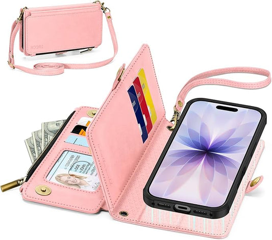 TUCCH Detachable Crossbody Wallet Case for iPhone 17 6.3", 9 Card Slots RFID Blocking | Stand | Lanyard | Wrist Strap | Wireless Charging | Zipper Pocket | PU Leather | Magnetic Flip Cover | Rose Gold
