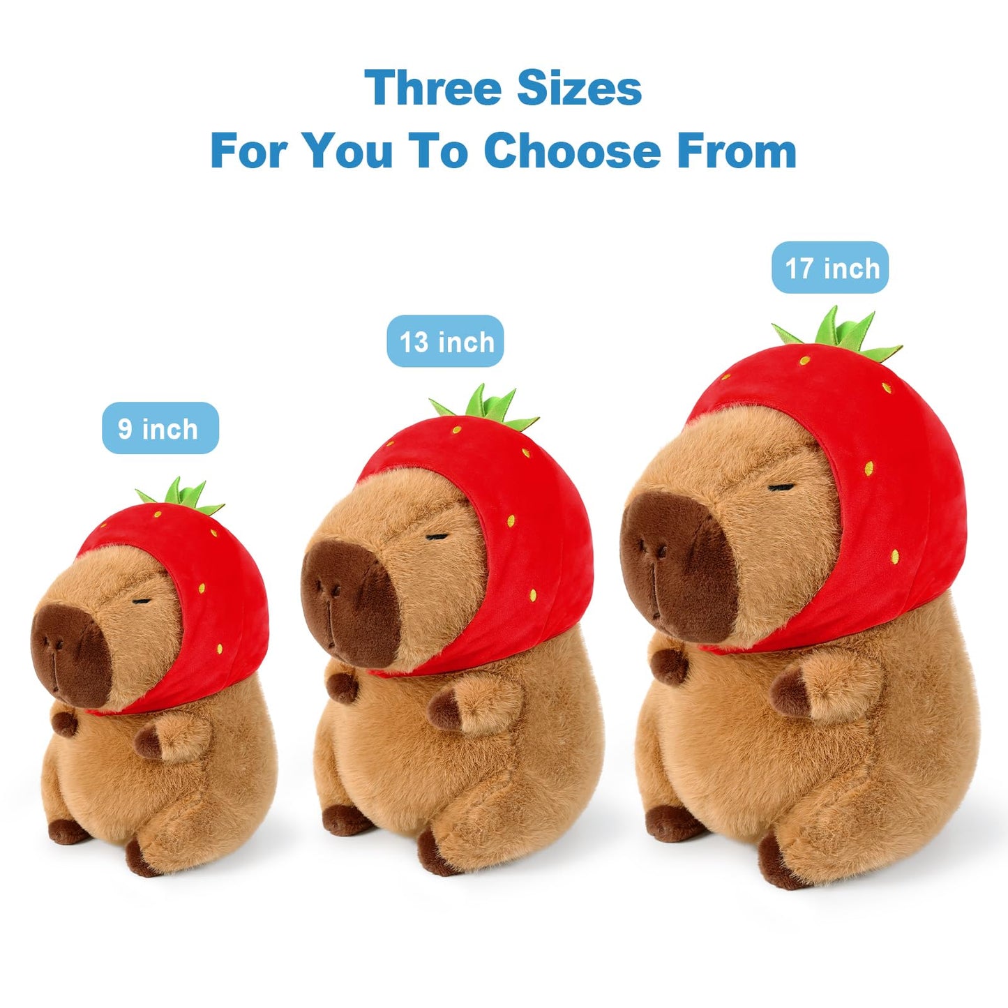 Ditucu Cute Capybara Plush Wear Strawberry Hat Soft Capibara Stuffed Animal Plushies Toys Hugging Gifts for Kids Brown 9 inch