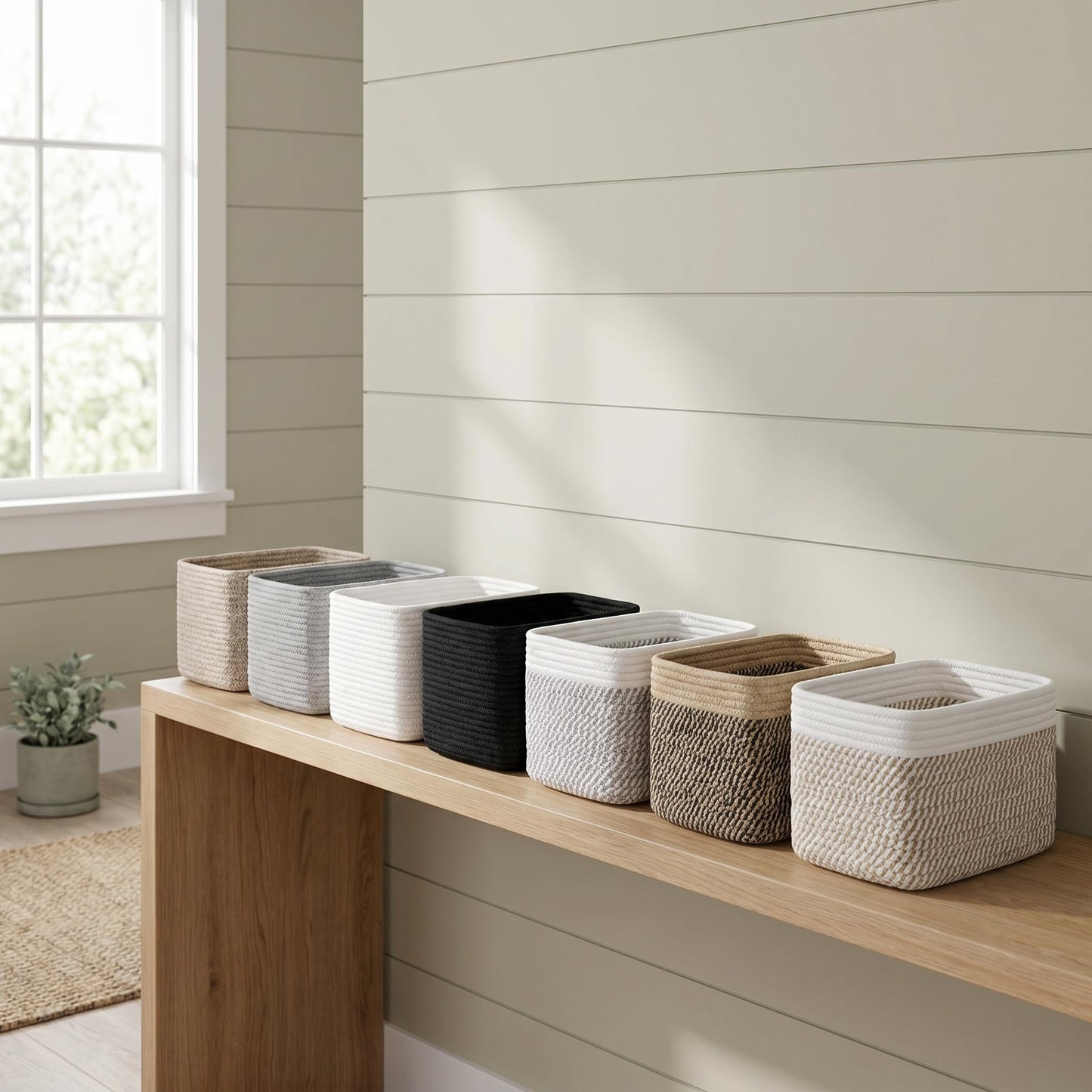 R RUNKA Small Cotton Rope Basket – Storage Bin for Organizing (10.6" x 6.7" x 6.7"), Bathroom Storage Basket for Shelf, Counter & Closet（Beige）